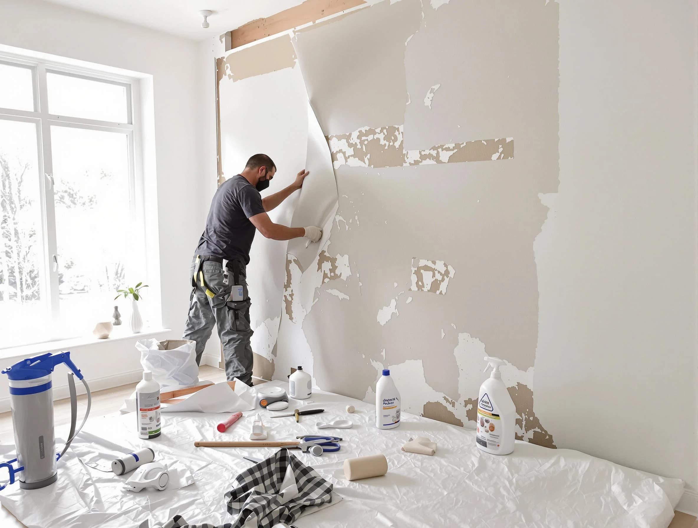 Strongsville House Painters technician removing wallpaper in Strongsville, OH